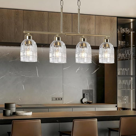 FRIXCHUR Gold Kitchen Island Lighting, 4-Lights Linear Chandelier Pendant Light with Clear Glass Shade, Height Adjustable Industrial Chandelier Pendant Light for Kitchen Island Dining Room