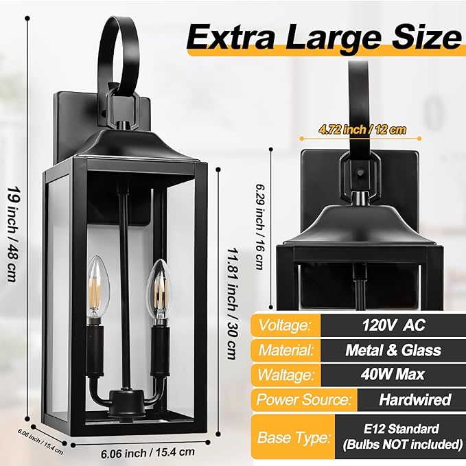 19" Large Outdoor Wall Lights - Black Outside Wall Mounted Light Fixture, Exterior Lighting Fixtures Farmhouse Outside Wall Sconce Lantern 2-Light, Modern Porch Lights for House, 2 Pack