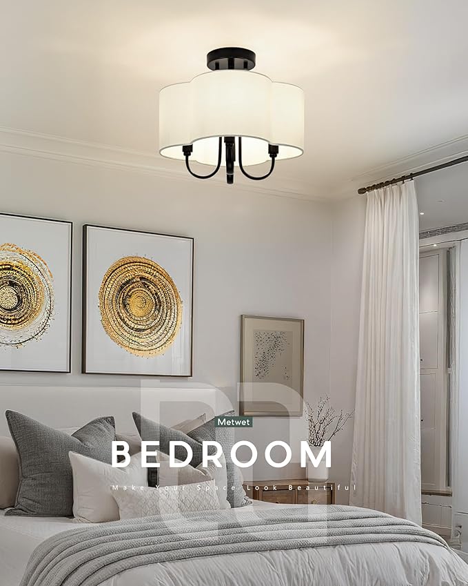 4-Light Semi Flush Mount Ceiling Light, 13.5" Vintage Light Fixtures Ceiling Mount with Fabric Shade in Quatrefoil for Kitchen Entryway Hallway Bedroom, Matte Black, SM179-MB