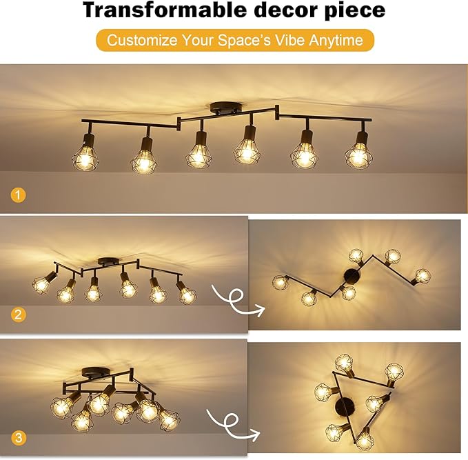 6-Light Black Track Lighting Fixtures Ceiling Modern Farmhouse Track Lighting with Metal Cage E26 Base Kitchen Lights Fixture Flush Mount Ceiling Light Fixture for Dining Room(Bulbs Not Included)