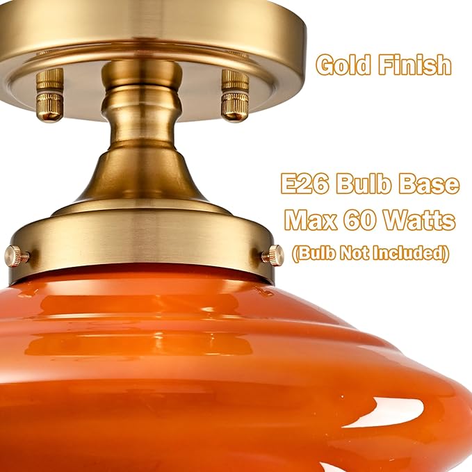SAMTEEN Gold Semi Flush Mount Ceiling Light 10-Inch Schoolhouse Light Fixtures Orange Milk Glass Ceiling Light Modern Hallway Light Fixtures Brass Vintage Light for Bedroom Entryway