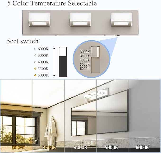 Ralbay 5 Color Temperature Brushed Nickel Bathroom Vanity Lights Dimmable Acrylic Modern LED Bathroom Wall Lighting Fixtures Brushed Nickel