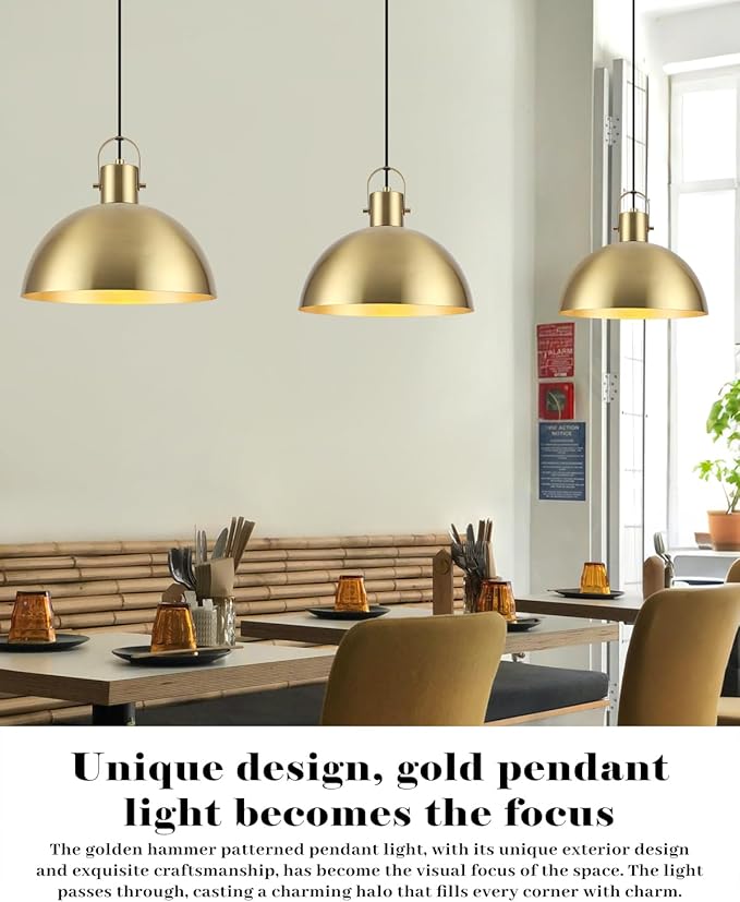 Gold Pendant Light 2 Pack, 11.8 Inch Pendant Lights Kitchen Island, Dome Pendant Lights, Farmhouse Pendant Light for Kitchen Island, Dining Room, Living Room