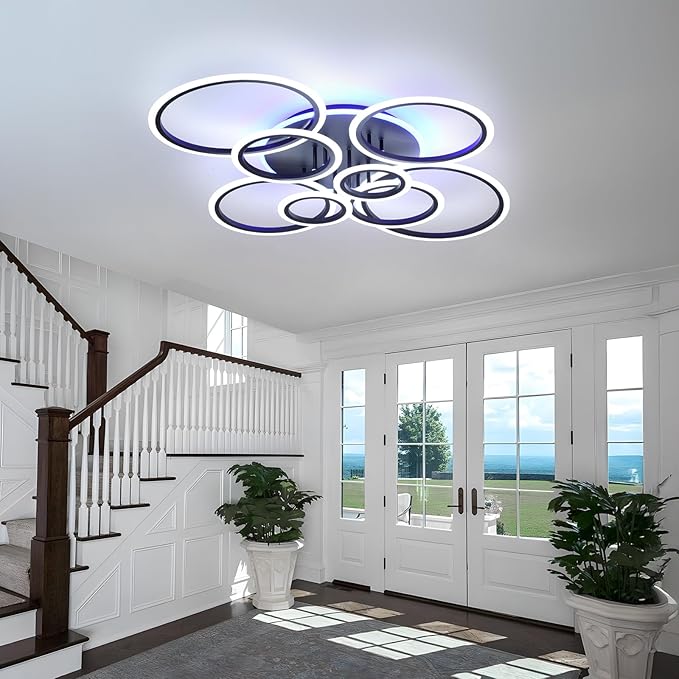Modern LED Ceiling Light,41.3'' Dimmable Flush Mount Ceiling Lights with Remote,Acrylic Round Ceiling Lighting Fixture for Living Room Dining Room Bedroom Kitchen(Black,8 Rings,80W)