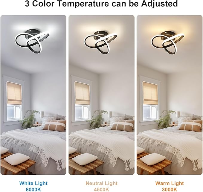 Modern LED Ceiling Light 19W Spiral Design 3000K/4500K/6500K 3 Color Modes Swichable Ceiling Lighting Fixtures, Ceiling Lamps for Aisle Hallway Balcony Bedrooms Kitchen (Black)