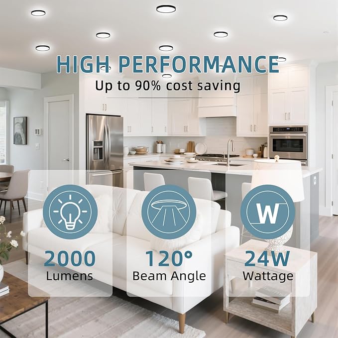 TOPELER Black LED Flush Mount Ceiling Light, 9inch 24W 2000Lm Dimmable Overhead Lighting Fixture, 5CCT Selectable Round Flat Panel Light for Laundry, Stairwell, Basement, Bathroom
