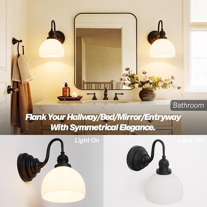 Vintage Wall Sconce Light, Black Bathroom Vanity Light with Striped Bowl Milk Glass Farmhouse Hardwire Wall Mounted Lamp for Bathroom Mirror Living Room Bedroom Kitchen E26 Indoor