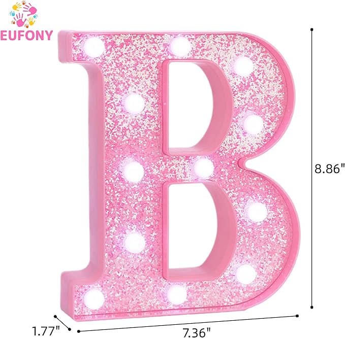 Pink Marquee Light Up Letters, Glitter Alphabet LED Letter Lights for Pink Birthday Party Decorations, Battery Operated Letter Sign for Girls Room Vanity Table Decor, Cool White Lights Letter B