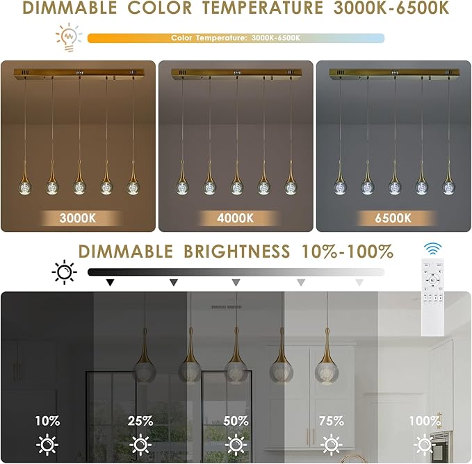 5 Lights Rectangular Gold Crystal Pendant Lights for Kitchen Island Remote Control Dimmable Light Modern Teardrop Chandeliers Lighting Fixtures for Dining Room Living Room