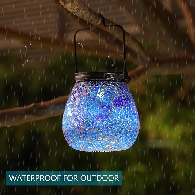 Bshine Mosaic Solar Lantern Outdoor Hanging Waterproof, Fragmented Glass Blue Mosaic Light Valentine's Day Indoor Decor Table, Garden Decor for Yard Outside, Lawn, Birthday Gift for Mom Gardening