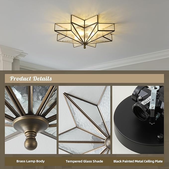 Star Vintage Bronze Ceiling Light - 19.7 in Large Hammered Glass Antique Flush Mount Fixture - Mid Century Black Art Deco Lighting for Kitchen Hallway Bedroom Bathroom Laundry Entryway Farmhouse Hall