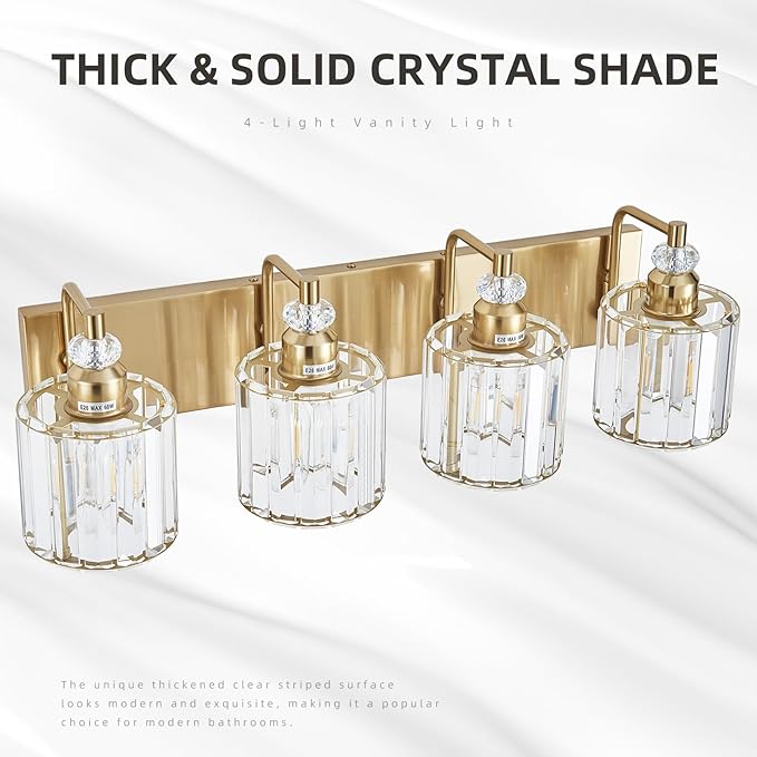 4-Light Brushed Brass Bathroom Light Fixtures Modern Vanity Lights Over Mirror Gold Bathroom Vanity Lighting with Crystal Shade E26 Base Wall Sconce for Bedroom Living Room Restroom Wall Lamp
