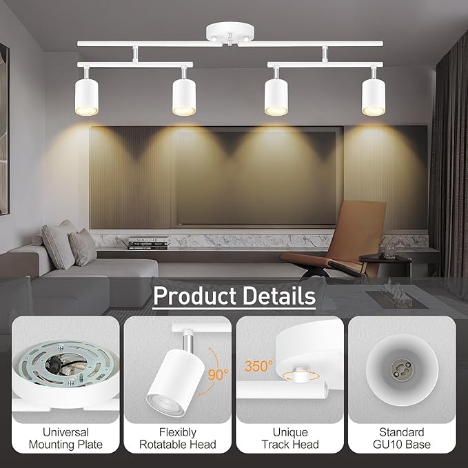 Track Lighting Fixtures Ceiling, 4-Light LED Track Lighting Kit, 30" Modern White Ceiling Spot Lighting, Flexibly Rotatable Head, Wireless Wall Light for Bedroom/Kitchen/Hallway(GU10 Socket, NO Bulb)