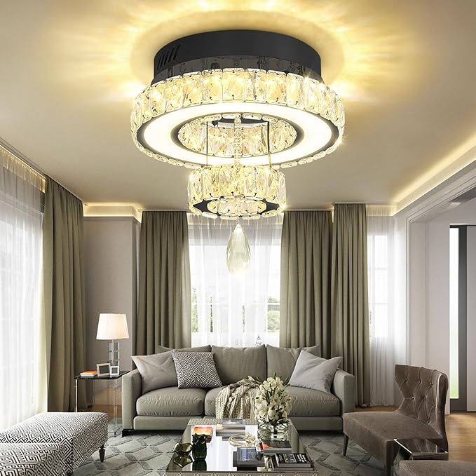Flashing God 12" Modern Crystal Chandeliers Flush Mount Ceiling Light Black Chandelier for Hallway LED Dimmable Mini Chandelier for Dining Room Living Room Bedroom