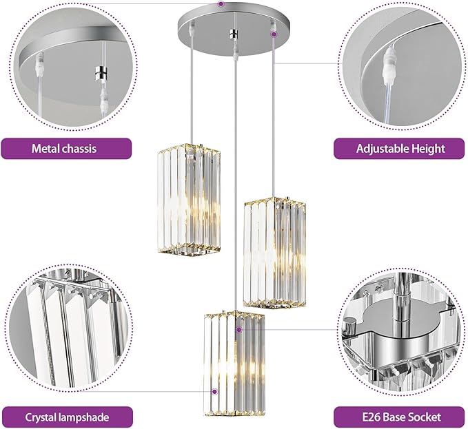 Modern Pendant Light Chrome Rectangle Pendant Lighting Mini Crystal Chandeliers Adjustable Pendant Light Fixture for Kitchen Island Dinning Room Living Room Corridor Bedroom(Chrome 3-Light)