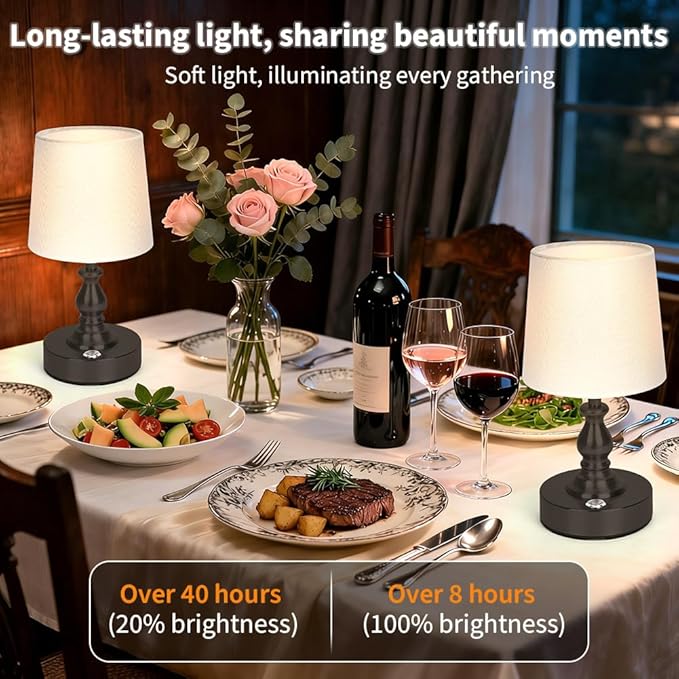 AUAUY Table Lamp for Bedroom, 5200mAh Battery Powered Touch Bedside Lamps, Rechargeable Desk Lamp Cordless, 3 Way Dimmable, Nightstand Lamps with Fabric Shade for Home Living Room Office Study, Black