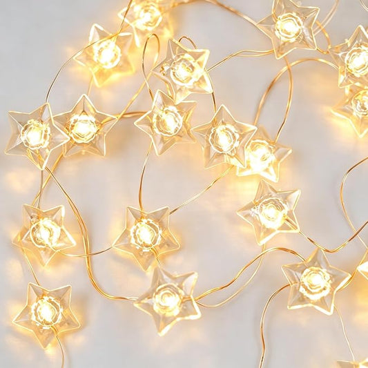 BOHON Star Fairy Lights Battery Operated 40 LED String Lights Warm White | 13 FT Warm White Star Garland Twinkle Lights for Bedroom Indoor Dorm Classroom Curtain Cute Room Wedding Decor, with Timer