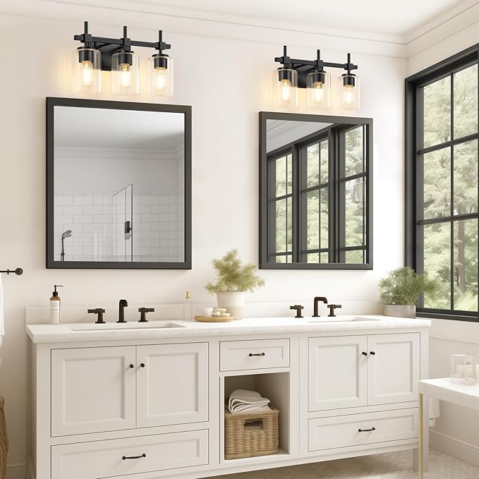 Asnxcju 3-Light Matte Black Vanity Light for Bathroom, Modern Bathroom Lighting Fixtures Over Mirror, Vanity Lights with Clear Glass Shade, Industrial Bath Wall Lamp for Living Room Bedroom Hallway