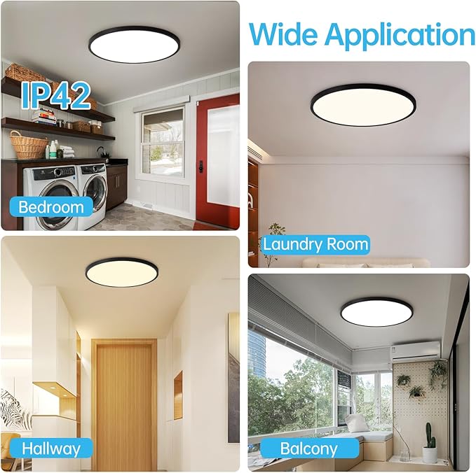 20 Inch Large LED Flush Mount Ceiling Light Fixture,45W,4600LM,3000K/4000K/6000K CCT Selectable,0.9 inch Super Slim Round Ceiling Light for Bedroom,Hallway,Kitchen (Dimmable Black 1PK)