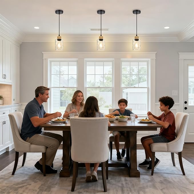 3 Pack Farmhouse Water Ripple Glass Pendant Lights for Kitchen Island, Black Kitchen Pendant Lighting, E26 Hanging Light Fixture for Dining Room, Bedroom, 41" Adjustable Cord, Bulb Not Include