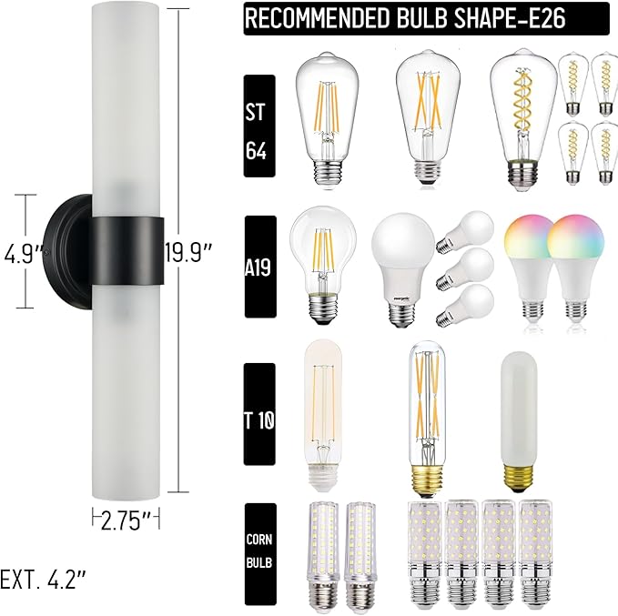 DAYCENT Modern Black Bathroom Vanity Lights Farmhouse 2-Light Frosted Glass Wall Sconce Matte Black Cylinder Sconces Wall Lighting for Bedroom Hallway Living Room, 20" H