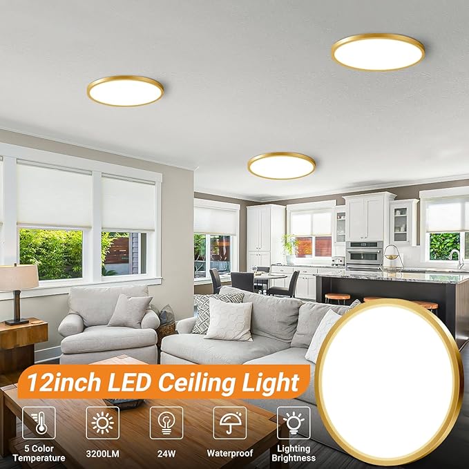 slochi Gold LED Flush Mount Ceiling Light Fixture, 12 Inch 24W, 3200LM, Super Slim 0.7 Inch, 3000K-6500K Adjustable Low Profile LED Ceiling Lights for Bedroom, Kitchen, Hallway, 2Pack