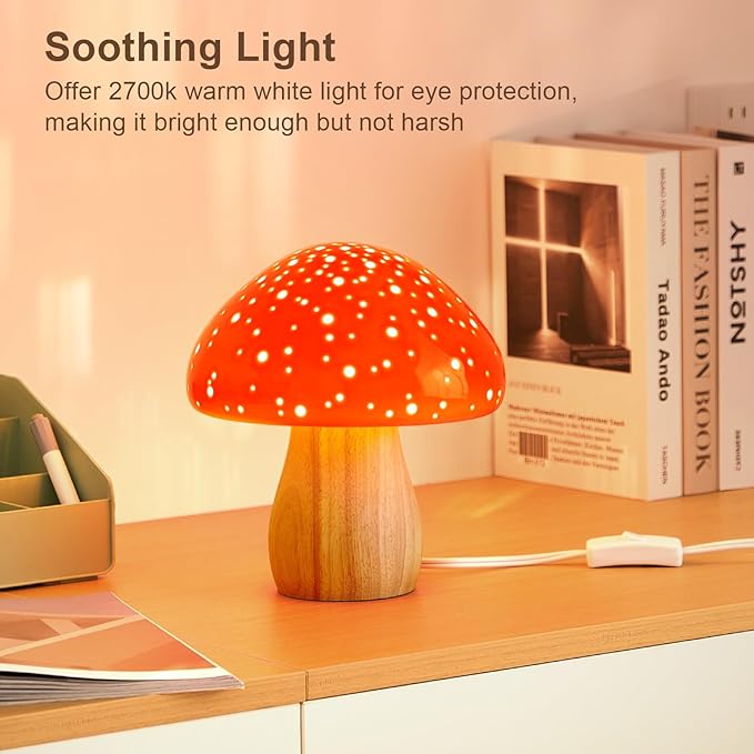 BOHON Mushroom Lamp, Ceramic Bedside Table Lamp for Bedroom Nightstand, Retro Vintage Red Night Light, Small Lamp for Living Room Desk Home Decor Aesthetic, LED Bulb Included, Red