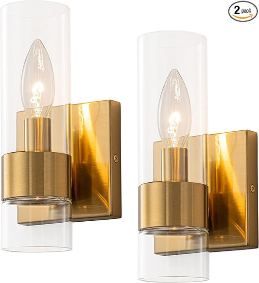 Brass Indoor Wall Sconces Set of Two, Bathroom Vanity Light Fixtures Over Mirror, Glass Wall Lamps for Bedroom Side Vanity Lights for Bathroom Sink Hallway, E12 Base