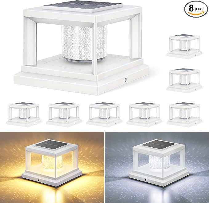 FOLKSMATE Solar Post Cap Lights 8 Pack, 2 Lighting Modes Cool/Warm White Outdoor Solar Powered, Waterproof Fence Deck Lights for 4×4 3.5×3.5 Wood Vinyl Posts, for Garden Patio Porch Decor, White