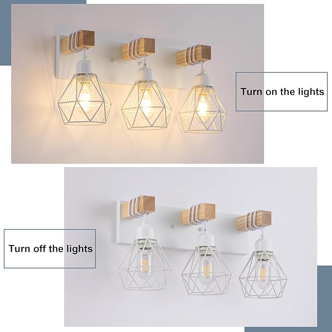 Farmhouse Vanity Light for Bathroom, 3-Light White Wood Bathroom Vanity Light Fixtures Over Mirror, Rustic Sconces Wall Lighting with Metal Lampshade for Living Room, Bedroom, Hallway