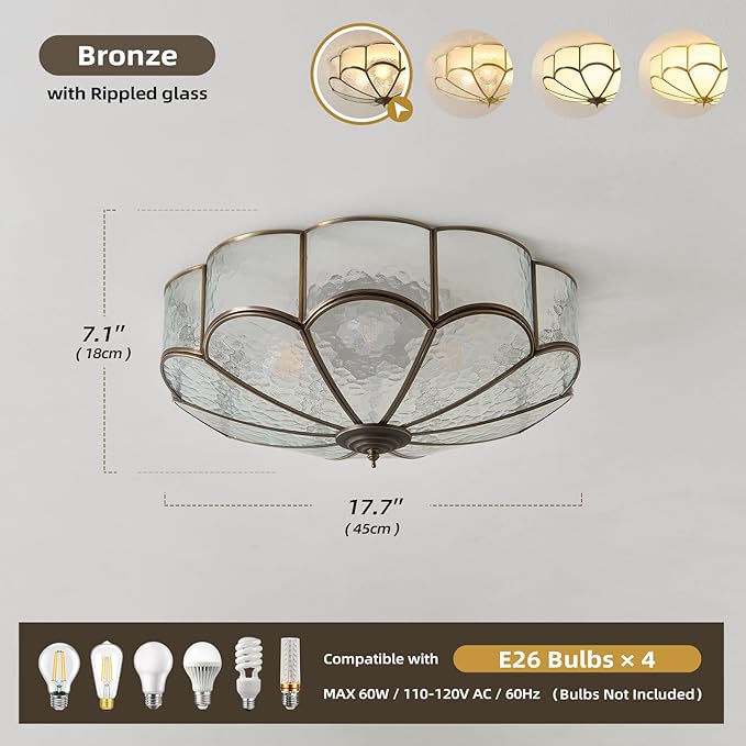 Vintage Black Glass Ceiling Light - Large 17.7 in Bronze Mid Century Flush Mount Lighting Fixtures - Art Deco Antique Modern Lamps for Hallway Bedroom Kitchen Entryway Farmhouse Bathroom Hall Laundry