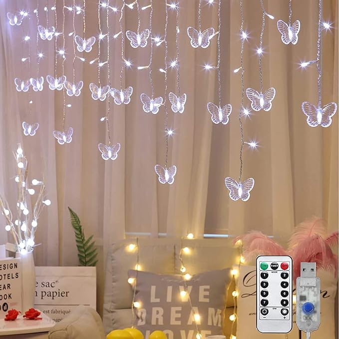 Lainin String Lights 11.5FT 96 LED Curtain Lights 18 Butterfly Drops Twinkle Lights 8 Modes Fairy String Lights for Party Indoor Outdoor Room Garden Wall Wedding Christmas Xmas Decorations (White)