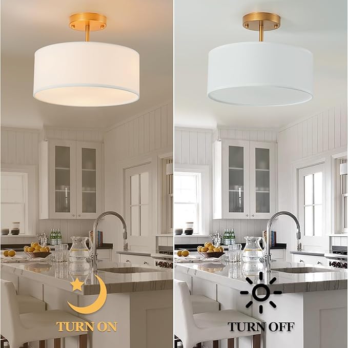 Bargeni Semi Flush Mount Ceiling Light,13 inch Drum Ceiling Light Fixture,Gold Light Fixtures Ceiling Mount with White Fabric Shade, 3-Light Modern Ceiling Light for Bedroom,Living Room and Kitchen