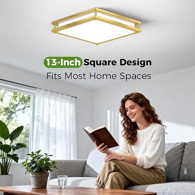 13 Inch Gold Square LED Ceiling Lights for Bedroom Kitchen Bathroom, 2-Pack 36W Super Bright 3200LM Modern Flush Mount Light Fixture, 2700K-6500K Selectable Dimmable Close to Ceiling Double Ring Lamp