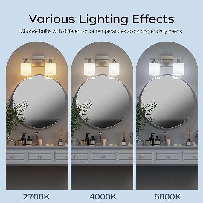 PARTPHONER Bathroom Light Fixtures, Bathroom Lighting Fixtures Over Mirror, Classic Vanity Lights, Modern Vanity Light with Textured Frosted Opal White Glass Shades, Brushed Nickel, 2-Light