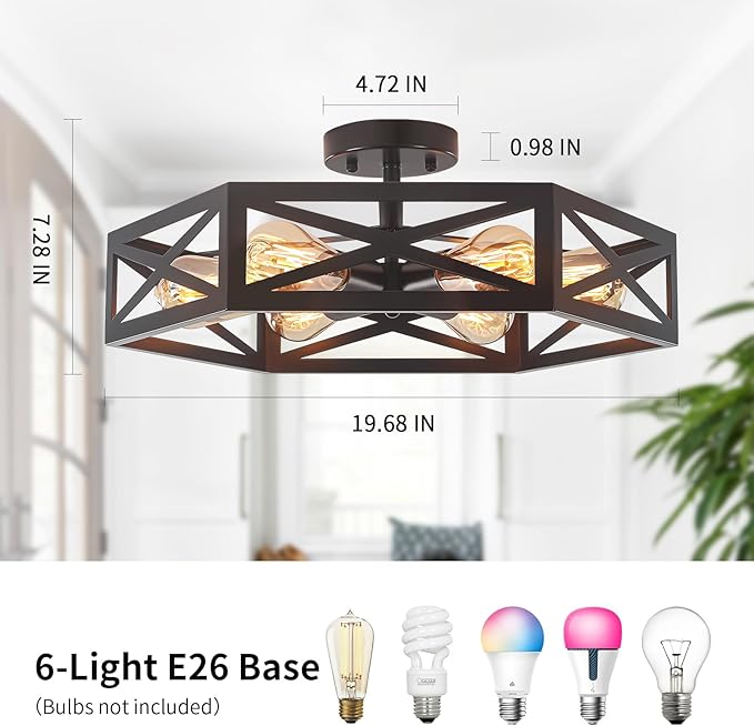 Semi Flush Mount Ceiling Light, Black Large 6-Light Fixtures Ceiling Mount with Hexagon Cage, Metal Industrial Close to Ceiling Light for Hallway, Kitchen, Bedroom (Black, 19.68''L)