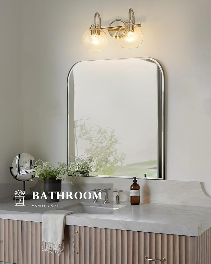 2-Light Bathroom Light Fixtures, Brushed Nickel Vanity Light with Globe Clear Glass Shade, Modern Vanity Lighting Fixtures Over Mirror, AD-22280-2W-SN