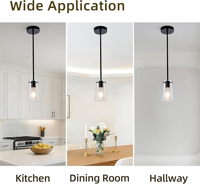 Pendant Light Fixtures, Matte Black Kitchen Ceiling Lights, Clear Glass Pendant Lights for Kitchen Island