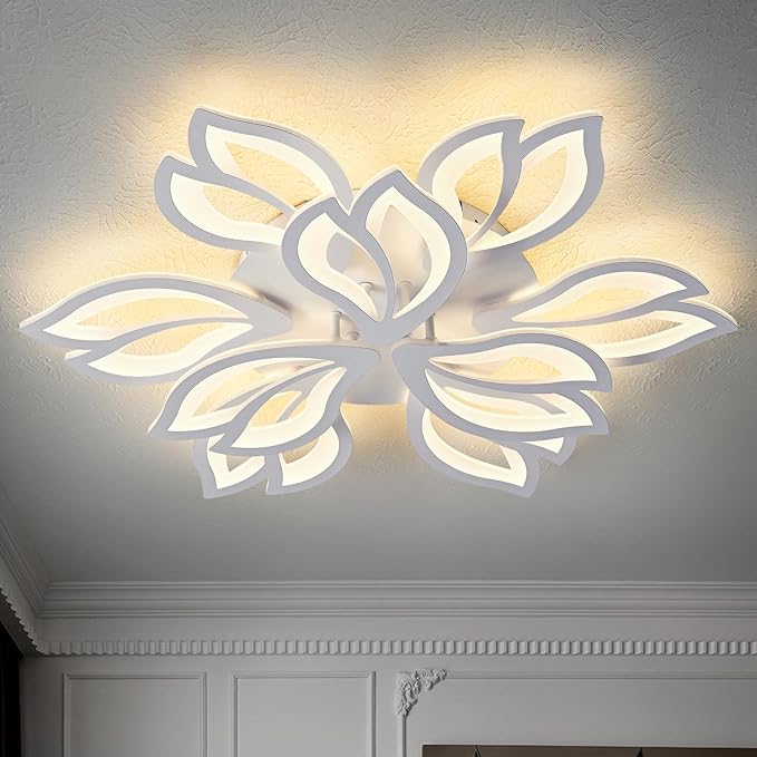 Modern Ceiling Light with APP & Remote Control, Dimmable LED Flush Mount Chandelier with 3-Color, Black Acrylic Flower Ceiling Light Fixture for Living Room Dining Room Bedroom Kitchen-9-Leaves