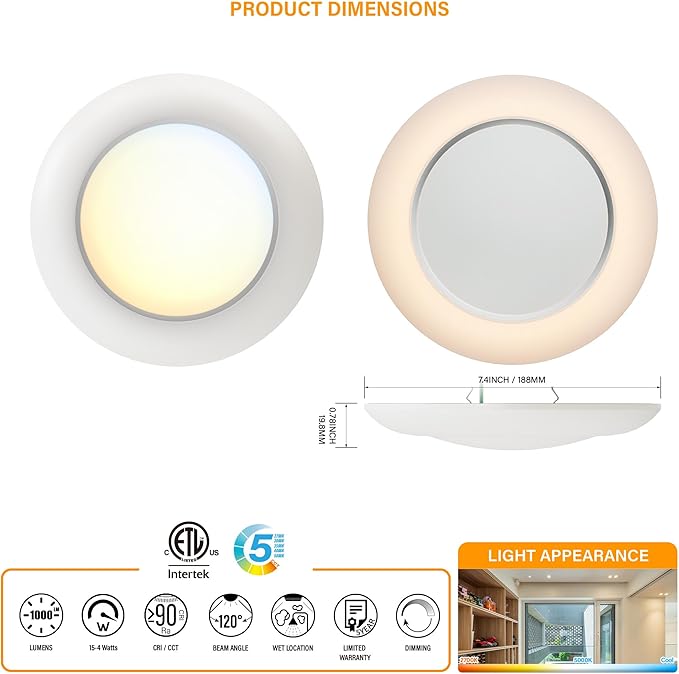 6 Inch LED Low Profile Disk Light with Night Light, 120VAC, 15W, 5CCT Color Changing, 1000LM, Dimmable, ETL, Shower Wet Rated Screw in Flush Mount Ceiling Light, White/1 Pack