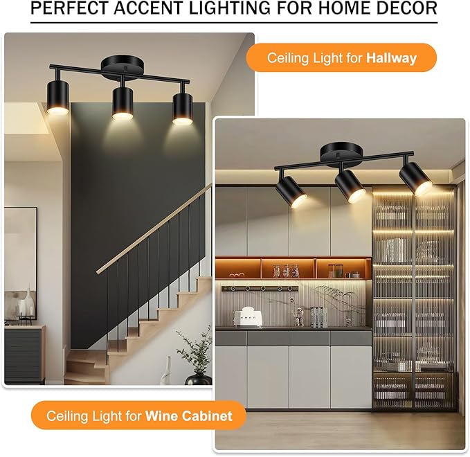 LED Track Lighting Fixtures Ceiling, Black 3-Light Track Lights for Kitchen, 3 Way Ceiling Spotlight, Flexibly Rotatable Wall Mount Light Head for Bedroom Hallway, Bulb Not Included