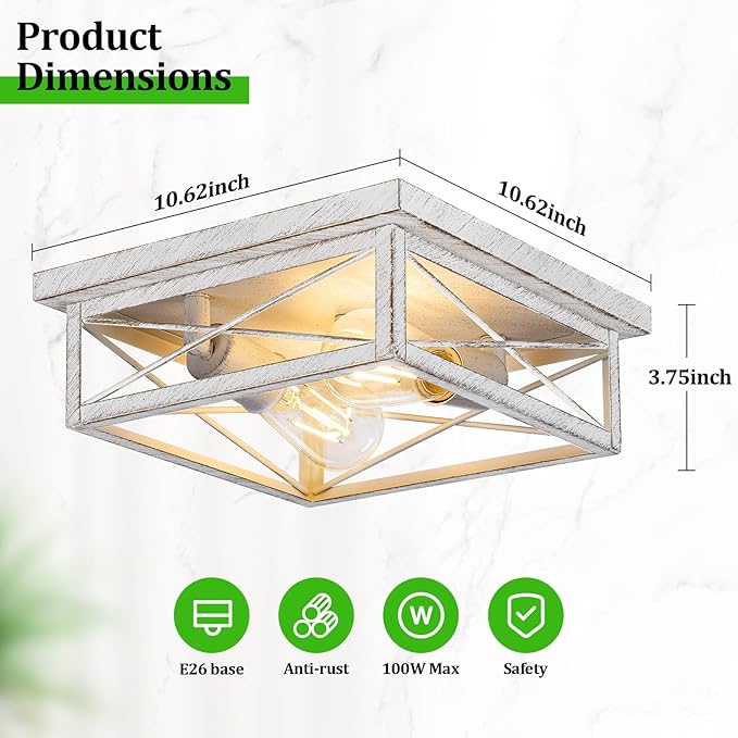 White Hallway Light Fixtures for Ceiling, 2-Light Farmhouse Industrial Flush Mount Ceiling Lights, 2-Pack Metal Kitchen Light Fixtures, Square Close to Ceiling Lights for Bedroom Living Room Entryway