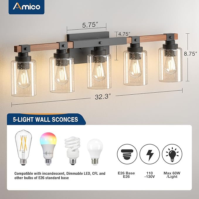 Amico Farmhouse Vanity Light Fixtures, Rustic 5-Light Industrial Painted Wood Lights for Bathroom, Vintage Black Wall Sconces with Bubble Glass Shade