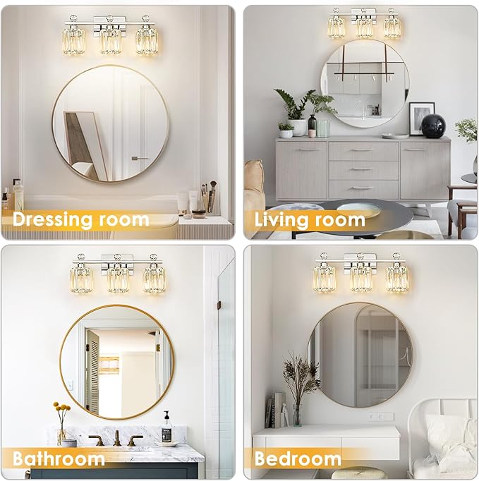 Crystal Bathroom Lighting Fixtures Over Mirror, 3 Light Chrome Brushed Nickel Vanity Light, Modern Bath Wall Sconce Lighting for Bedroom Living Room