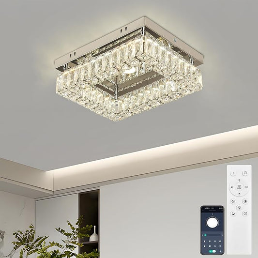 Finktonglan Modern Crystal Flush Mount Ceiling Light, 11.8" Rectangular Dimmable LED Ceiling Fixture with Multi-Faceted Crystal Prisms, 18W Low Profile for Bedroom Hallway Entryway