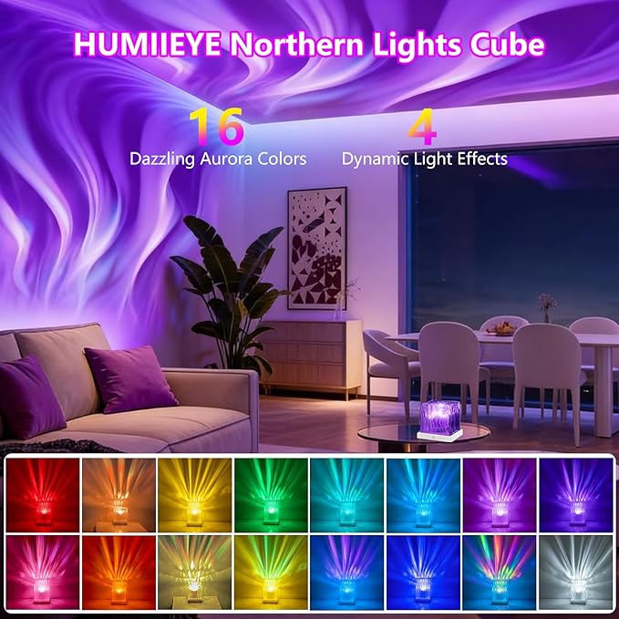 HUMIIEYE Northern Lights Projector, Cube Aurora Galaxy Projector with Remote, 16 Color Mood Lighting Dimmable Ocean Light, Memory Function, Trendy Cute Stuff for Teen Girls Gifts Bedroom Room