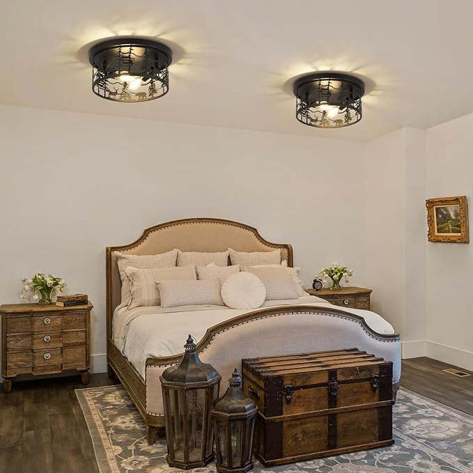 2 Pack Rustic Farmhouse Flush Mount Ceiling Light, 2-Light Black Metal Bear Design E12 Round Ceiling Light Fixture, for Kitchen, Bedroom, Foyer, Cabin Lighting (Bulbs Not Included)