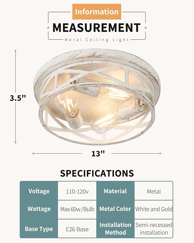 3-Light Cage Ceiling Light Fixtures, Indoor Modern Close to Ceiling Lights, 13 Inch White and Gold Metal Flush Mount Ceiling Lights for Bedroom, Living Room, Kitchen