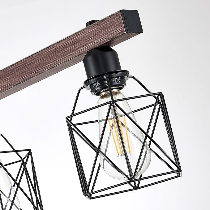 5-Light Modern Farmhouse Island Lighting, Adjustable Height Rustic Chandelier with Walnut Metal Frame & Matte Black Geometric Shade, E26 Base Hanging Light for Dining Room Over Table