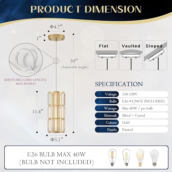Gold Crystal Pendant Light for Kitchen Island, Mini Hanging Light Fixture with K9 Prism Crystals, 1-Light Modern Ceiling Pendant in Brass Finish for Dining Room, Bedroom, Bathroom, Bar E26